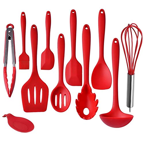 Product Cover IMLUCKY Kitchen Utensils, Silicone Heat-Resistant Non-Stick Kitchen Utensil Set Cooking Tools 10+1 Piece,Turner, Whisk, Spoon,Brush,spatula, Ladle Slotted turner, Tongs, Pasta Fork and Spoon Rest