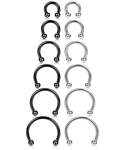 Product Cover ORAZIO 12Pcs 14-16G Stainless Steel Nose Rings Septum Piercing Cartilage Horseshoe Earring Body Piercing 6MM-16MM Black and Silver Tone