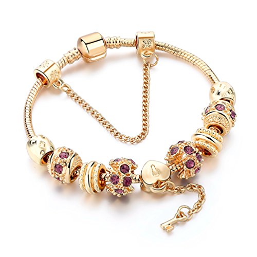Product Cover Charm Bracelet, Gold Plated Snake Chain Heart Charm Lock and Key to My Heart Beads for Teens Gift