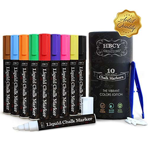 Product Cover HBCY Creations Liquid Chalk Markers Set - 10 Neon Colored Non-Toxic Erasable Chalkboard Markers - For Chalk Boards, Glass, Labels & More! 5 Extra Chisel & Bullet Tips, Tweezers & Chalk Pen Holder!