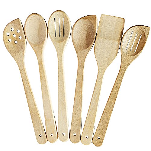 Product Cover Healthy Cooking Utensils Set - 6 Wooden Spoons For Cooking - Natural Nonstick Hard Wood Spatula and Spoons - Uncoated and Unglued - Durable Eco-friendly and Safe Kitchen Cooking Tools.