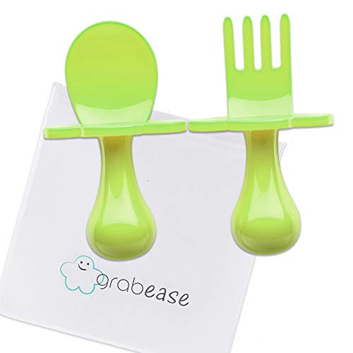 Product Cover Grabease First Self Feed Baby Utensils - Anti-Choke, BPA-Free Baby Spoon and Fork Toddler Utensils with Pouch Set - Toddler Silverware for Baby Led Weaning Ages 6 Months+, Green