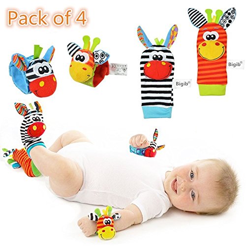 Product Cover Cute Animal Soft Baby Socks Toys Wrist Rattles and Foot Finders for Fun Toys for 2 4 5 7 8 10 3-6 Month