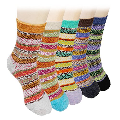 Product Cover Blisstime 5 Pairs Women Wool Socks, Winter Thick Knit Wool Warm Crew Socks, Vintage Style