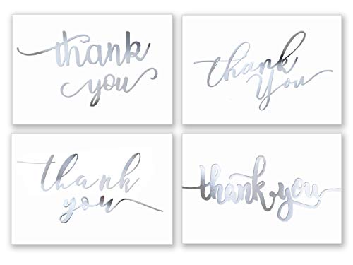 Product Cover 100 Thank You Cards in White with Envelopes & Stickers - Elegant 4 Designs Bulk Notes Embossed with Silver Foil Letters for Wedding, Formal, Business, Graduation, 4x6 Inch Thick Card Stock