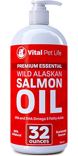 Product Cover Salmon Oil for Dogs, Cats, and Horses, Fish Oil Omega 3 Food Supplement for Pets, Wild Alaskan 100% All Natural, Helps Dry Skin, Allergies, and Joints, Promotes Healthy Coat, Helps Inflammation, 32 oz
