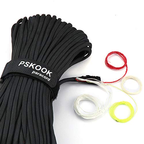 Product Cover PSKOOK Survival Paracord Parachute Fire Cord Survival Ropes Red Tinder Cord PE Fishing Line Cotton Thread 7 Strands Outdoor 20, 25, 100 Feet (Black, 100)