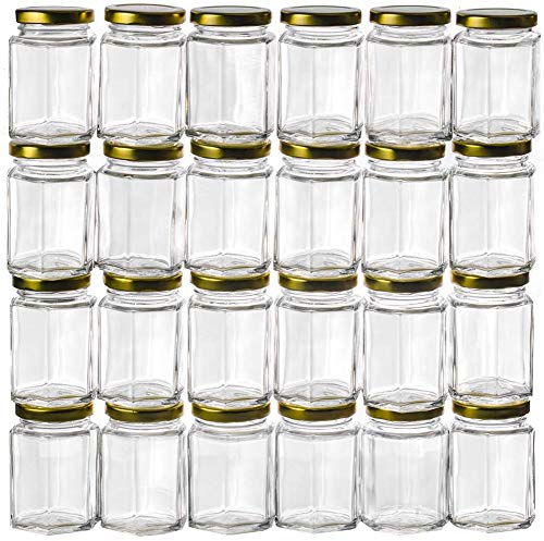 Product Cover Gojars Hexagon Glass Jars 3oz Premium Food-grade. Mini Jars With Lids For Gifts, Wedding Favors, Honey, Jams And More. (24, 3oz)