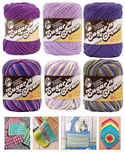 Product Cover Variety Assortment Lily Sugar'n Cream Yarn 100 Percent Cotton Solids and Ombres (6-Pack) Medium Number 4 Worsted Bundle with 4 Patterns (Asst 32)