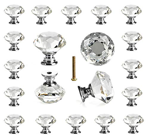 Product Cover 25 pcs Glass Cabinet Knobs Crystal Drawer Pulls Clear 30 mm Diamond for Kitchen, Bathroom Cabinet, Dresser and Cupboard by DeElf