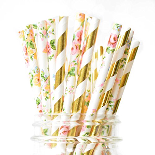 Product Cover Twigs & Twirls Paper Straws Floral and Gold Paper Straws 50 Pack, Floral Party Supplies Decorations for Baby Shower, Birthday Straws, Floral Bridal Shower Decor (Floral Metallic Gold)