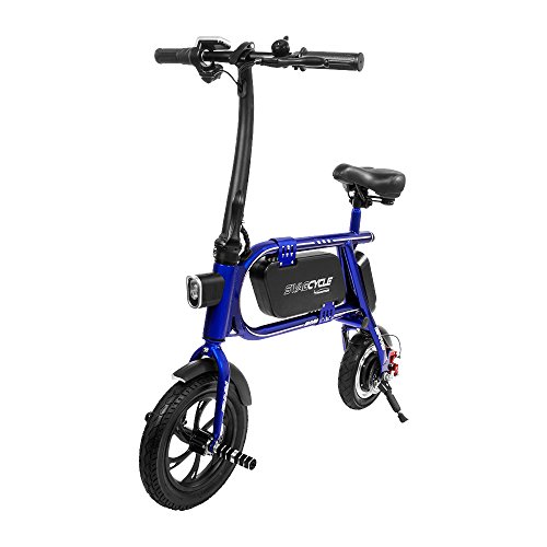 Product Cover Swagtron 200W SWAGCYCLE Envy Steel Frame Folding Electric Bicycle e Bike w/Automatic Headlight - Reach 10 mph; 264 lbs Max Load - Blue