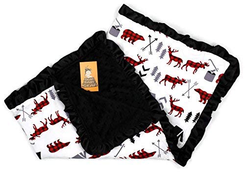 Product Cover Dear Baby Gear Baby Blankets, Woodland Bear Moose Plaid, Minky Black, Black Ruffle