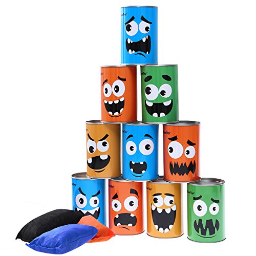 Product Cover iBaseToy Carnival Games Bean Bag Toss Game for Kids & Adults - Carnival Party Supplies Easter Games Tin Can Alley Game for Kids Birthday Party Games- 10 Tin Cans and 3 Beanbags Included