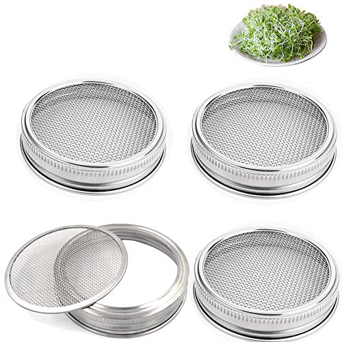 Product Cover Set of 4 Stainless Steel Sprouting Jar Lid Kit for Superb Ventilation Fit for Wide Mouth Mason Jars Canning Jars for making organic sprout seeds in your house/kitchen