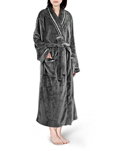 Product Cover Women Fleece Robe with Satin Trim|Luxurious Soft Plush Bathrobe,Grey,S/M
