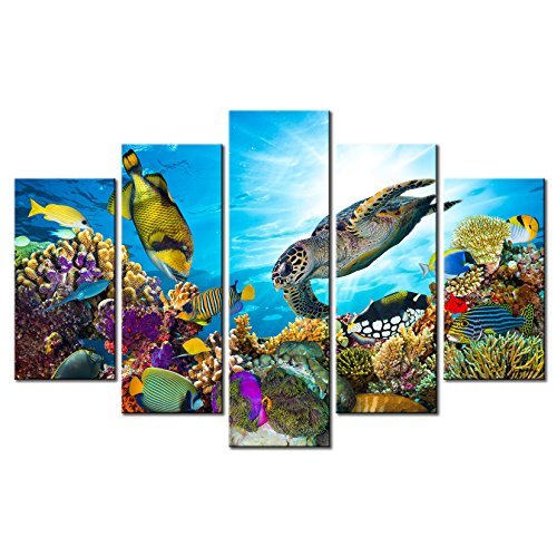 Product Cover Xlarge 5 Piece Canvas Wall Art - Beautiful Underwater World with Corals,Sea Turtle and Tropical Fish - Modern Wall Decor For Kids Room Stretched and Framed Ready to Hang 40