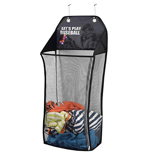 Product Cover Store & Score Over The Door Hanging Kids Fun LED Baseball Light-Up Collapsible Mesh Laundry Hamper Basket, Toy Chest, Heavy Duty Metal Hooks Included. Patent Pending