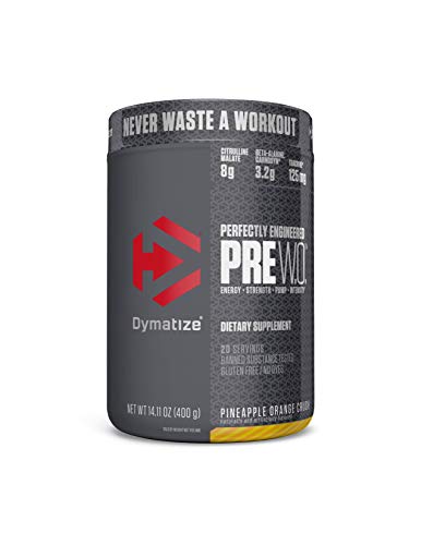 Product Cover Dymatize PreW.O., Pre Workout Powder with Caffeine, Maximize Energy, Strength & Endurance, Amplify Intensity of Workouts, Pinapple Orange Crush, 400g