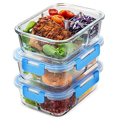 Product Cover Glass Meal Prep Containers 3-Compartment - 3-Pack 32 Oz. Freezer to Oven Safe Airtight Food Storage Container Set with Hinged Locking Lids BPA Free, Great On the Go Portion Control Lunch Containers