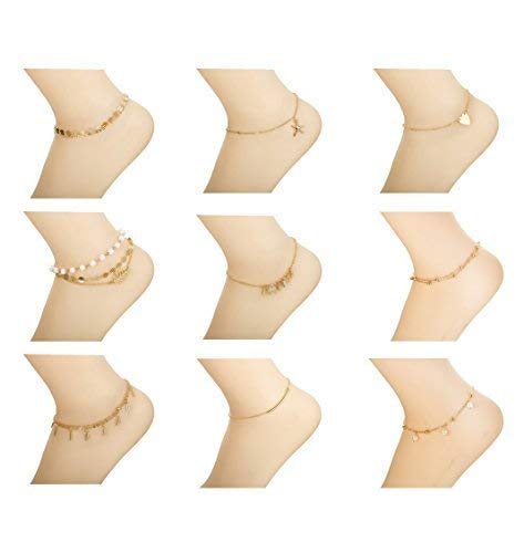 Product Cover Finrezio 9Pcs Anklets for Women Girls Ankle Chains Bracelets Adjustable Beach Anklet Foot Jewelry Set (A: Gold-Tone)