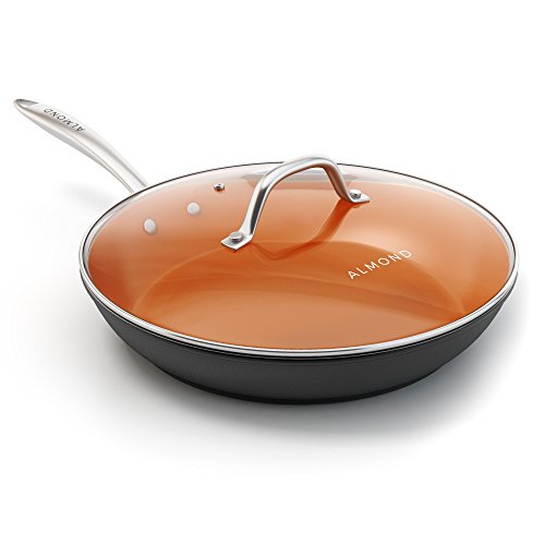 Product Cover Nonstick Ceramic Copper Frying Pan: Non Stick 12 Inches Skillet With Glass Lid - Round Aluminum Saute Pan for Gas, Electric and Induction Cooktops (12 Inch)