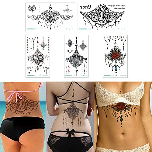 Product Cover 5 Sheets 13.8x24cm Sternum Chest Temporary Tattoo Big Body Art Sticker Jewelry Pendant