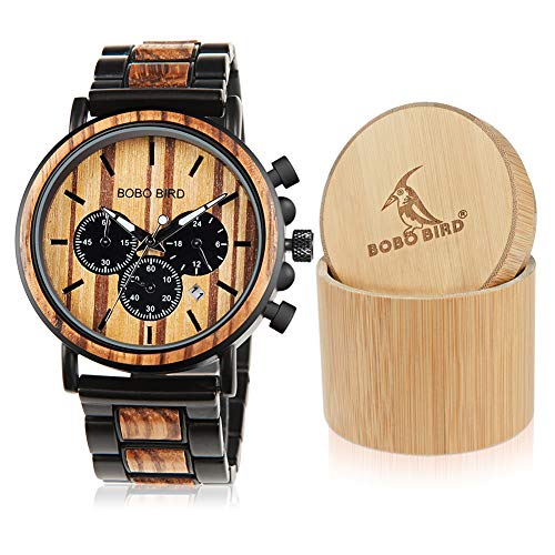 Product Cover BOBO BIRD Wooden Mens Watches Large Size Stylish Wood & Stainless Steel Combined Chronograph Military Quartz Watch (Balck Wood Band)