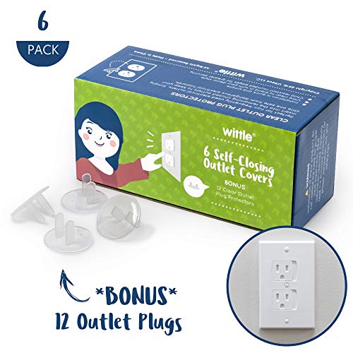 Product Cover Wittle Self Closing Outlet Covers (6 White) Plus 12 Clear Plug Cover Outlet Protectors - Baby Proofing Outlets with Electrical Child Safety Kit