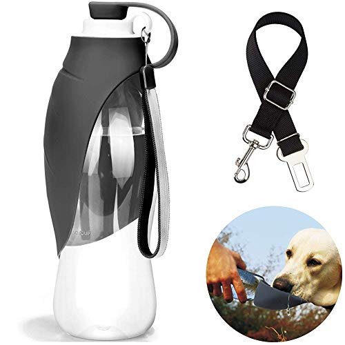 Product Cover manba Portable Water Bottle for Dog Travel 20 OZ Leak-Proof Feeding Mug with Silicone Flip-Up Leaf Include Pet Seat Belt (Grey)