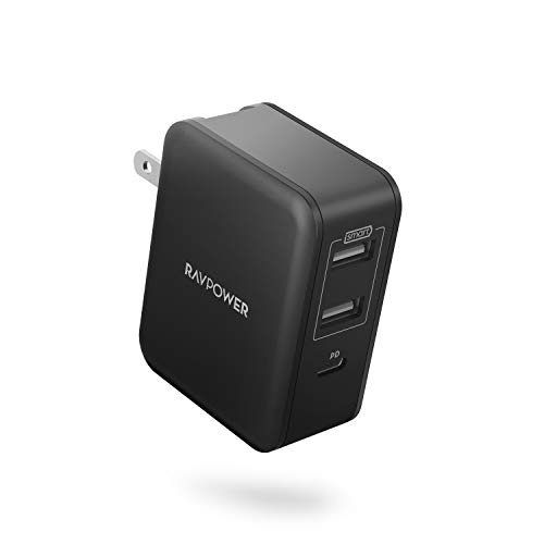 Product Cover USB C PD Wall Charger, RAVPower 33W 3-Port USB Wall Charging Station with 18W Power Delivery PD Charger, Adapter with 5V/2.4A Output per Port for iPhone XS/XR/XS MAX, Galaxy S9, and iPad Pro-Black