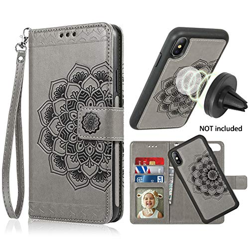 Product Cover iPhone X/XS Case,iPhone X/XS Wallet Case with Detachable Slim Case,Card Solt Holder,Fit Car Mount,CASEOWL Mandala Flower Floral Embossed Leather Flip Lanyard Wallet Case for iPhone X/XS/10/10S[Gray]