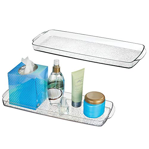 Product Cover mDesign Long Plastic Bathroom Vanity, Countertop, Toilet Tank Top Storage Tray - Holds Towels, Candles, Jewelry, Lotions, Tissues,Canisters Toiletries and More - 2 Pack - Clear