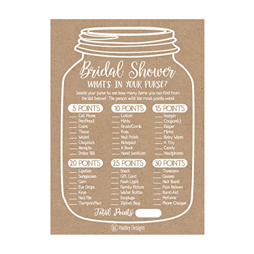 Product Cover 25 Rustic Whats In Your Purse Bridal Wedding Shower or Bachelorette Party Game Item Cards Engagement Activities Ideas For Couples Funny Co Ed Rehearsal Dinner Supplies and Decoration Favors For Guests