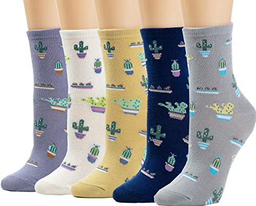 Product Cover 5 Pairs Women's Crew Socks Casual Fun Cute Cacti Socks Funny Novelty Ladies Gifts for Women Ladies Children Gift Girls Cotton Socks WCS1-Cactus