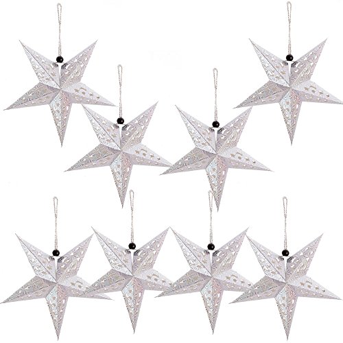 Product Cover Paper Star Lantern Lampshade Hanging Christmas Xmas Day Decoration For LED Light Wedding Birthday Party Home Decor 8 Pcs 28cm Hollow Out Design (Lights not included) (Silver)