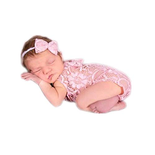 Product Cover Newborn Infant Baby Photography Props Girls Lace Bow Vest Bodysuits Romper Photo Shoot Princess Clothes (Pink)