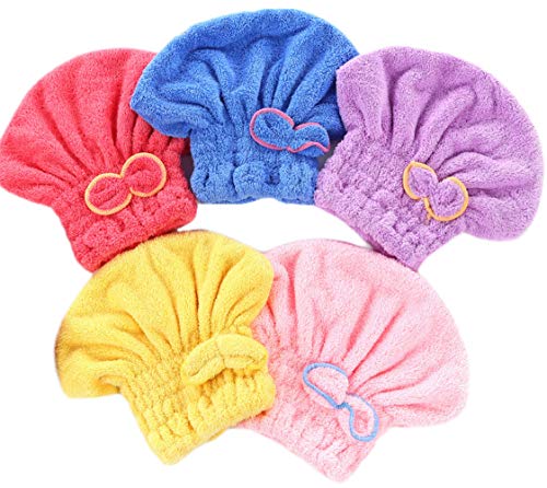 Product Cover Wheelsp 5 Pack Bowknot Microfiber Hair Drying Towels,Fast Coral Velvet Drying Long Hair Turban Wrap,Absorbent Twist Turban Princess Shower Cap For Women And Children