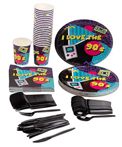 Product Cover Disposable Dinnerware Set - Serves 24-90s Party Supplies for Kids Birthdays, 1990s Themed Parties, Includes Plastic Knives, Spoons, Forks, Paper Plates, Napkins, Cups