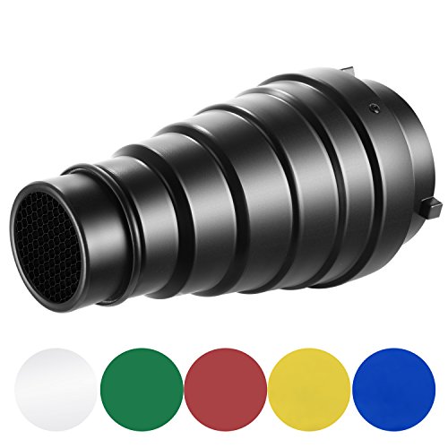 Product Cover Neewer Medium Aluminium Alloy Conical Snoot Kit with Honeycomb Grid and 5 Pieces Color Gel Filters for Bowens Mount Studio Strobe Monolight Photography Flash Light