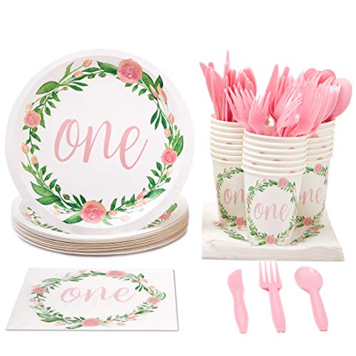 Product Cover Juvale Disposable Party Dinnerware Set - Serves 24-1st Birthday Party Supplies for Kids Birthdays, Floral Design - Includes Plastic Knives, Spoons, Forks, Paper Plates, Napkins, Cups