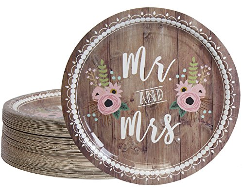Product Cover Disposable Plates - 80-Count Paper Plates, Wedding Party Supplies for Appetizer, Lunch, Dinner, and Dessert, Mr. and Mrs. Rustic Wedding Theme Design, 9 Inches in Diameter