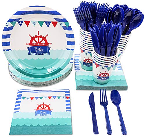 Product Cover Disposable Dinnerware Set - Serves 24 - Nautical Themed Baby Shower Party Supplies, Includes Plastic Knives, Spoons, Forks, Paper Plates, Napkins, Cups