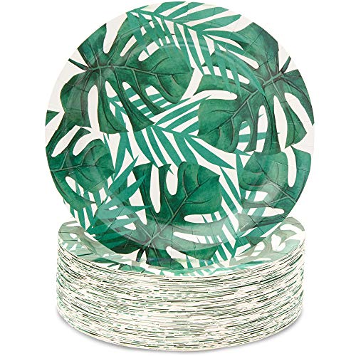 Product Cover Blue Panda Tropical Paper Party Plates, 9 Inches (80 Count), Green Palm Leaves