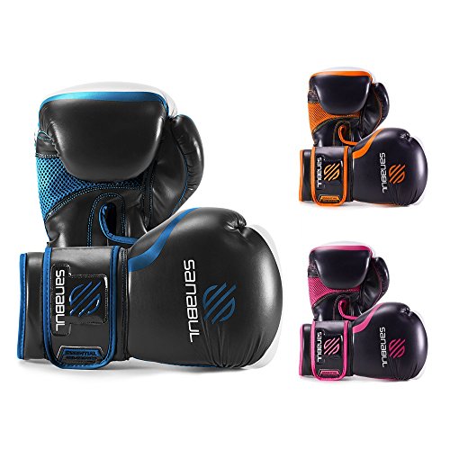 Product Cover Sanabul Essential Gel Boxing Kickboxing Training Gloves (Black/Metallic Blue, 16 oz)