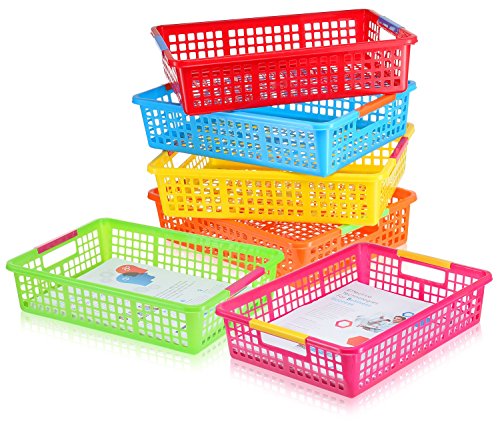 Product Cover Zilpoo 6 Pack - Paper Organizer Basket, Classroom File Holder Colorful Plastic Bins, Teacher School Supplies Storage Baskets, Drawer Organization Trays with Handles, Colored