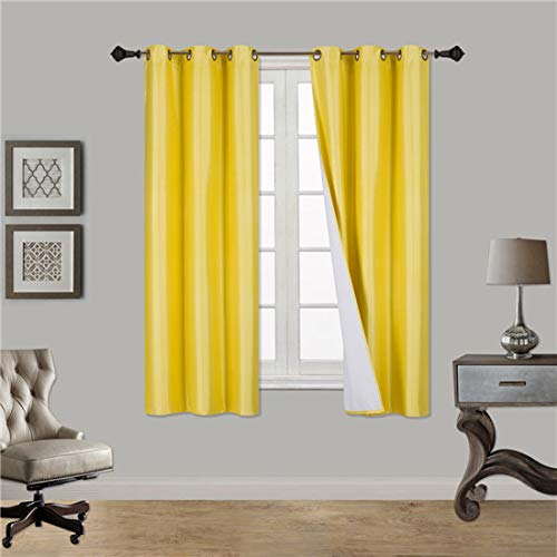 Product Cover LuxuryDiscounts 2 Piece Thick Faux Silk Blackout Insulated Room Darkening Grommet Top Window Curtain Panel Drapes with Foam Back Layer Protection (Yellow, 37