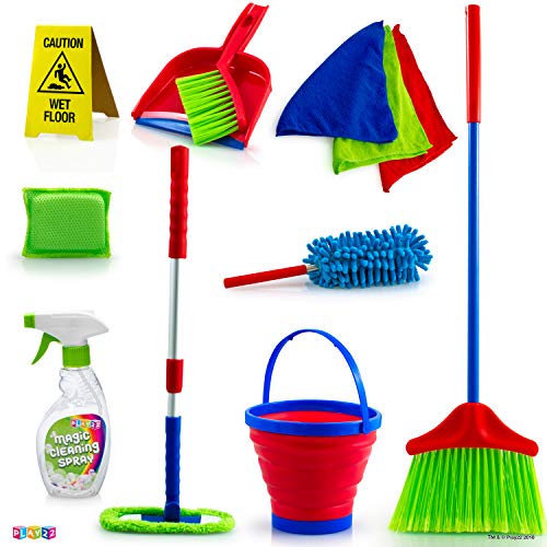 Product Cover Play22 Kids Cleaning Set 12 Piece - Toy Cleaning Set Includes Broom, Mop, Brush, Dust Pan, Duster, Sponge, Clothes, Spray, Bucket, Caution Sign, - Toy Kitchen Toddler Cleaning Set - Original