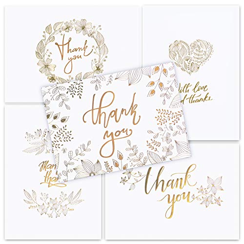 Product Cover 50 Thank You Cards with Envelopes - Matte White with Gold Floral Script - Weddings Baby Showers Bridal Showers Graduation