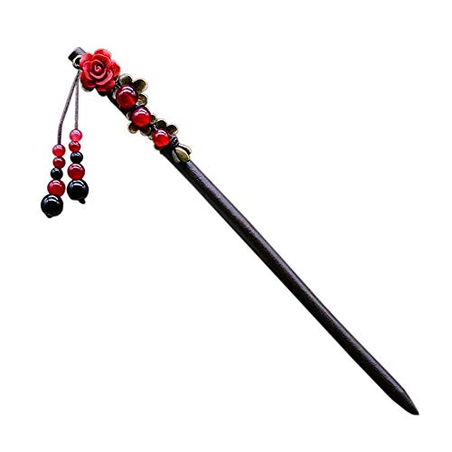 Product Cover MonLiya Wooden Hair Pin Chinese Lacquer Red Rose Beads Hair Sticks Pin Hairpin with Tassel Pearls Dangle Retro for Women Girls Long Hair Styling